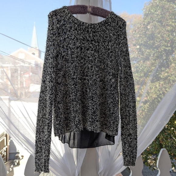 Lars Black & White Fuzzy Knit Sweater with Open Mesh Back & Buckles - Picture 1 of 7